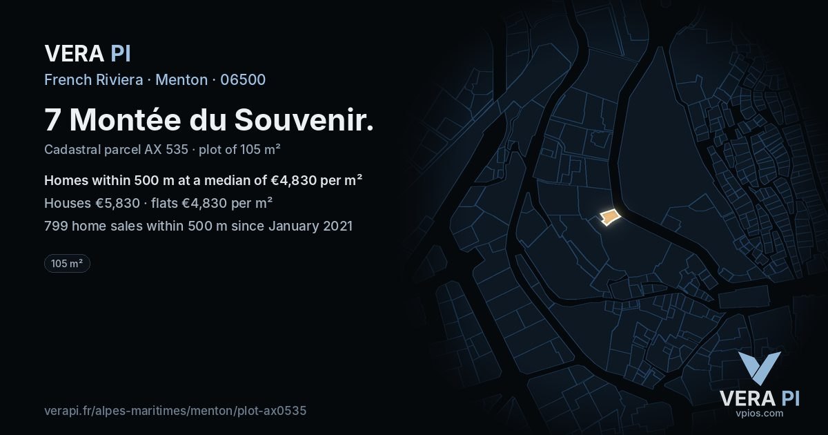 7 Montée du Souvenir, Menton at night – the plot lit, the parcels around coloured by the prices near them