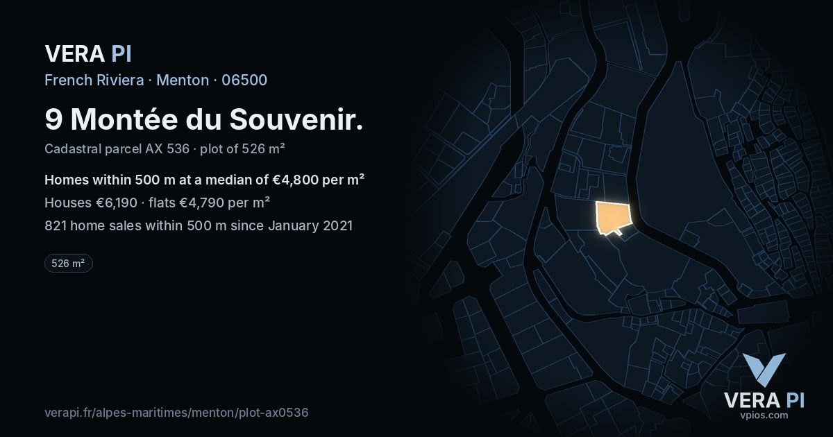 9 Montée du Souvenir, Menton at night – the plot lit, the parcels around coloured by the prices near them