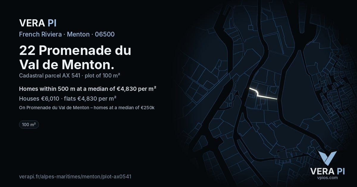 22 Promenade du Val de Menton, Menton at night – the plot lit, the parcels around coloured by the prices near them