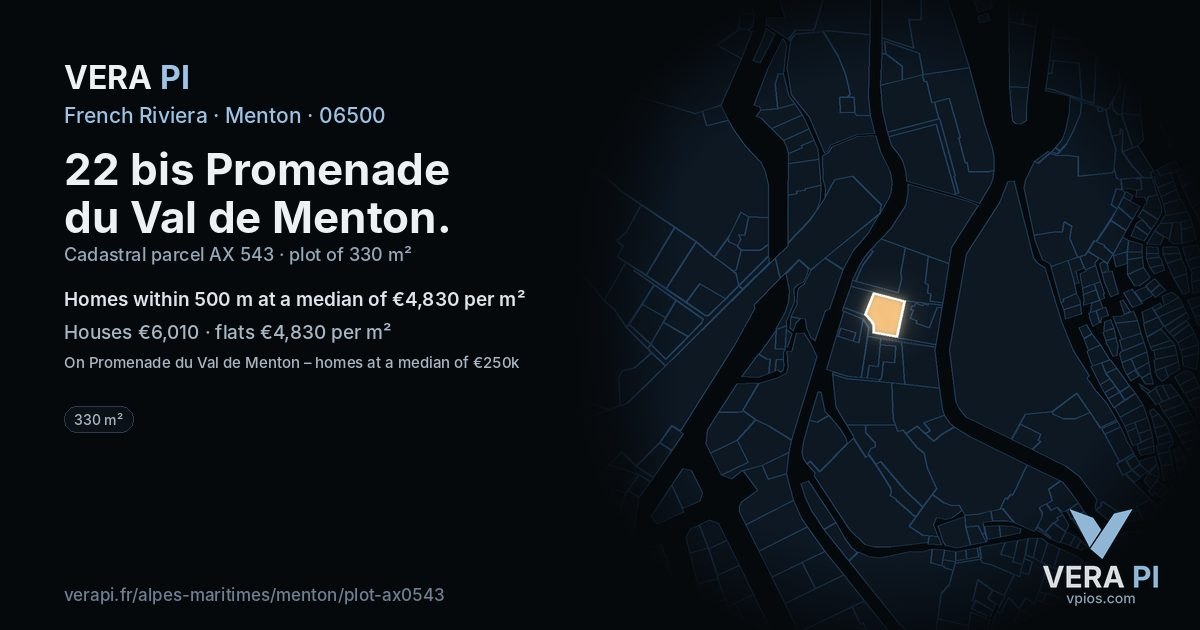 22 bis Promenade du Val de Menton, Menton at night – the plot lit, the parcels around coloured by the prices near them
