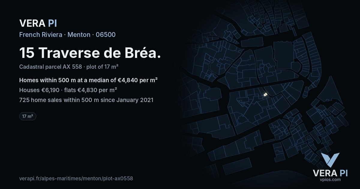 15 Traverse de Bréa, Menton at night – the plot lit, the parcels around coloured by the prices near them