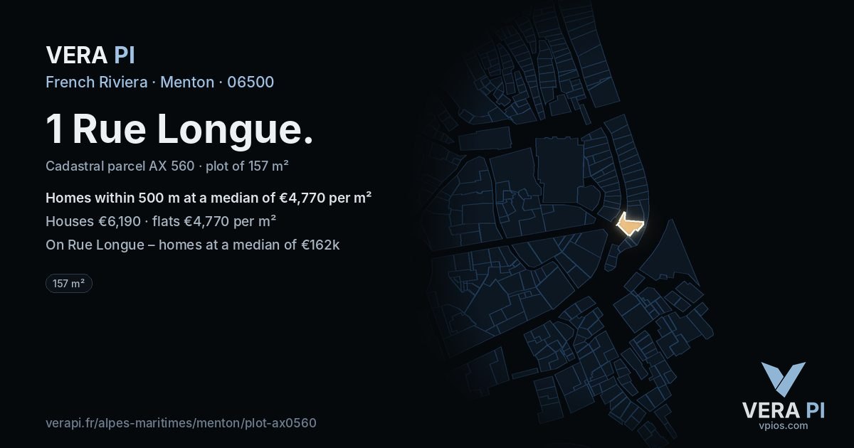 1 Rue Longue, Menton at night – the plot lit, the parcels around coloured by the prices near them