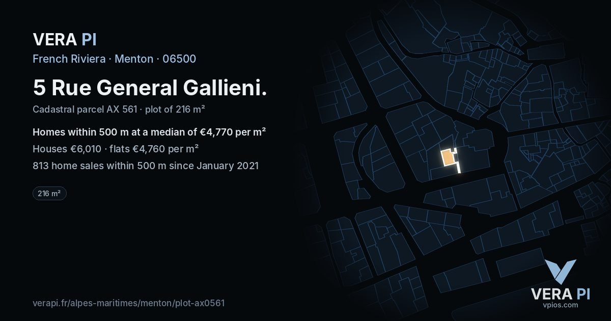 5 Rue General Gallieni, Menton at night – the plot lit, the parcels around coloured by the prices near them