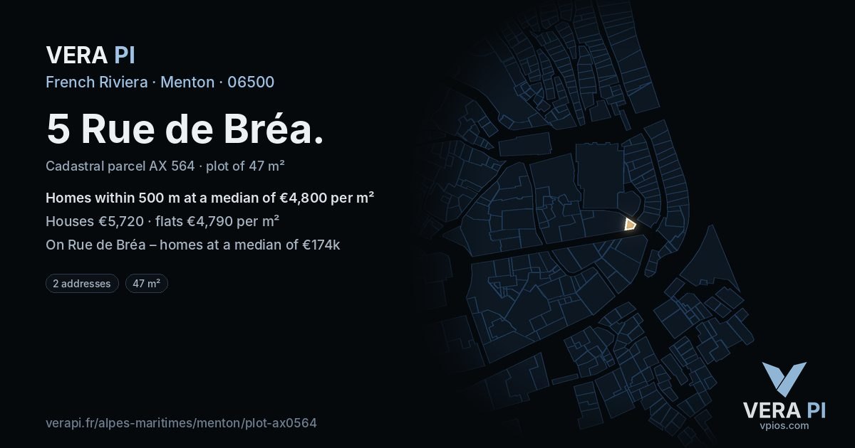 5 Rue de Bréa, Menton at night – the plot lit, the parcels around coloured by the prices near them