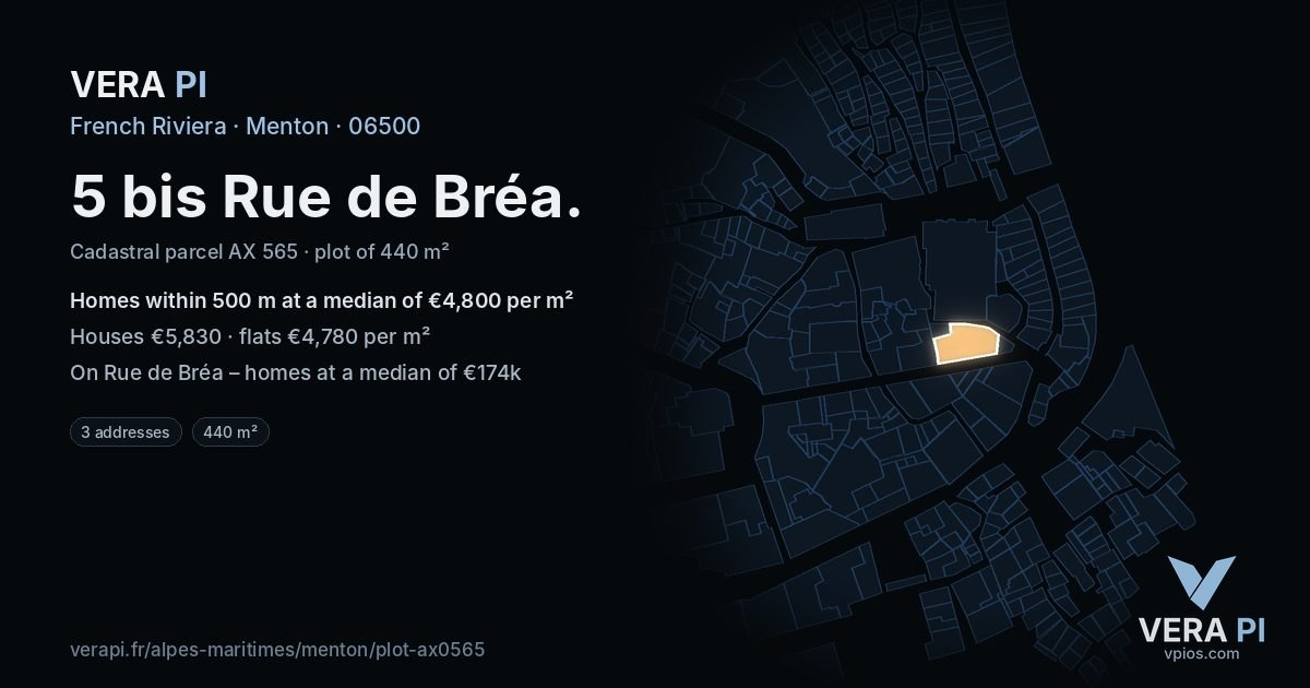 5 bis Rue de Bréa, Menton at night – the plot lit, the parcels around coloured by the prices near them