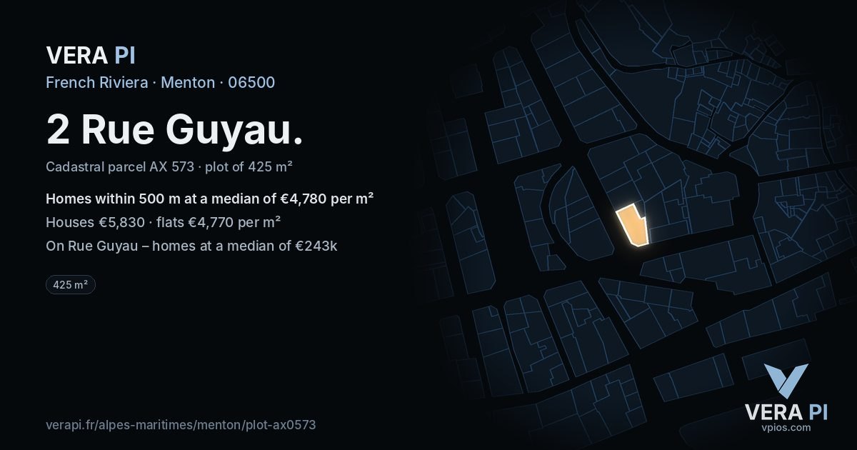 2 Rue Guyau, Menton at night – the plot lit, the parcels around coloured by the prices near them
