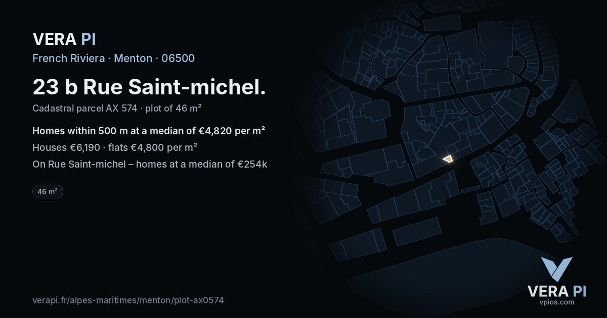 23 b Rue Saint-michel, Menton at night – the plot lit, the parcels around coloured by the prices near them