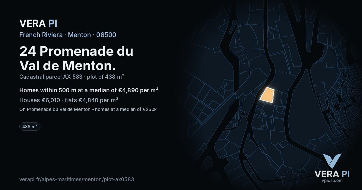 24 Promenade du Val de Menton, Menton at night – the plot lit, the parcels around coloured by the prices near them