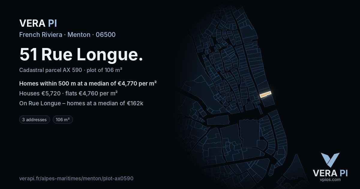 51 Rue Longue, Menton at night – the plot lit, the parcels around coloured by the prices near them