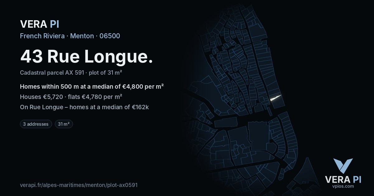 43 Rue Longue, Menton at night – the plot lit, the parcels around coloured by the prices near them