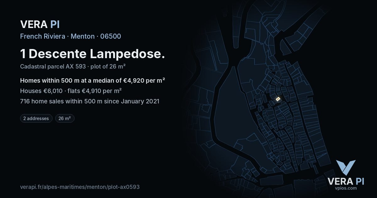 1 Descente Lampedose, Menton at night – the plot lit, the parcels around coloured by the prices near them