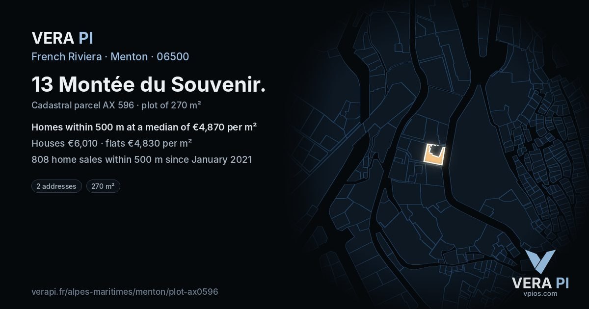 13 Montée du Souvenir, Menton at night – the plot lit, the parcels around coloured by the prices near them