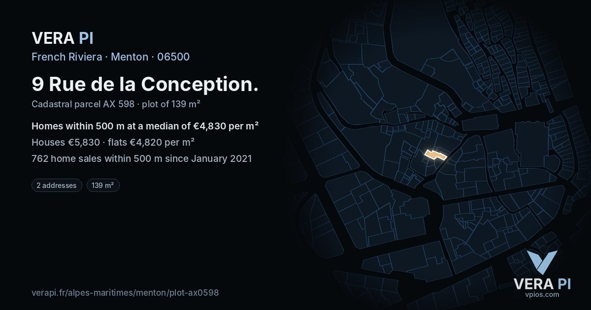9 Rue de la Conception, Menton at night – the plot lit, the parcels around coloured by the prices near them
