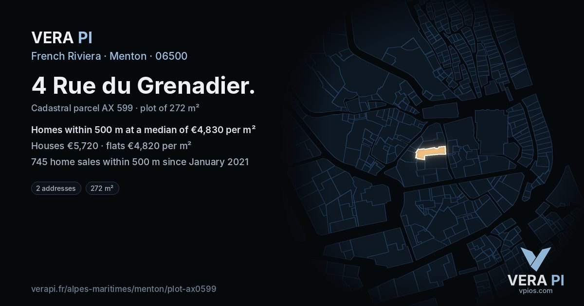 4 Rue du Grenadier, Menton at night – the plot lit, the parcels around coloured by the prices near them