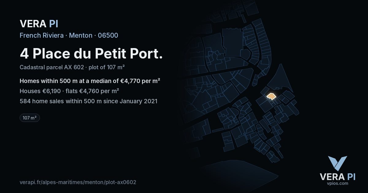 4 Place du Petit Port, Menton at night – the plot lit, the parcels around coloured by the prices near them