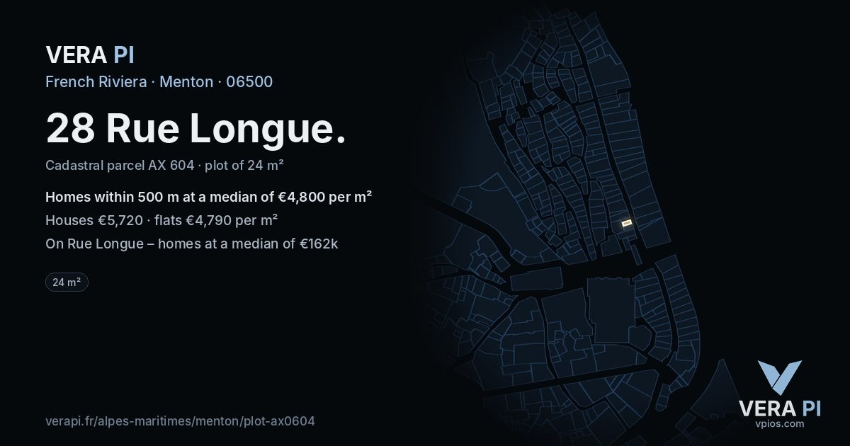 28 Rue Longue, Menton at night – the plot lit, the parcels around coloured by the prices near them