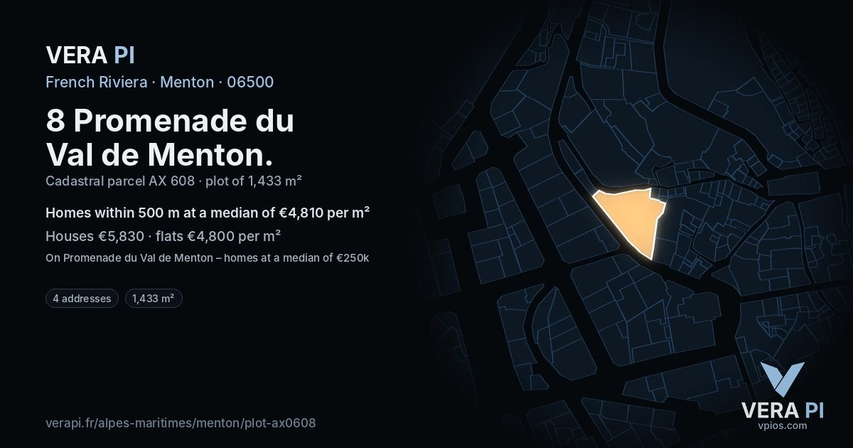 8 Promenade du Val de Menton, Menton at night – the plot lit, the parcels around coloured by the prices near them