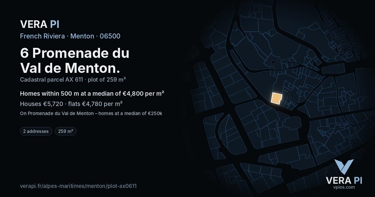 6 Promenade du Val de Menton, Menton at night – the plot lit, the parcels around coloured by the prices near them