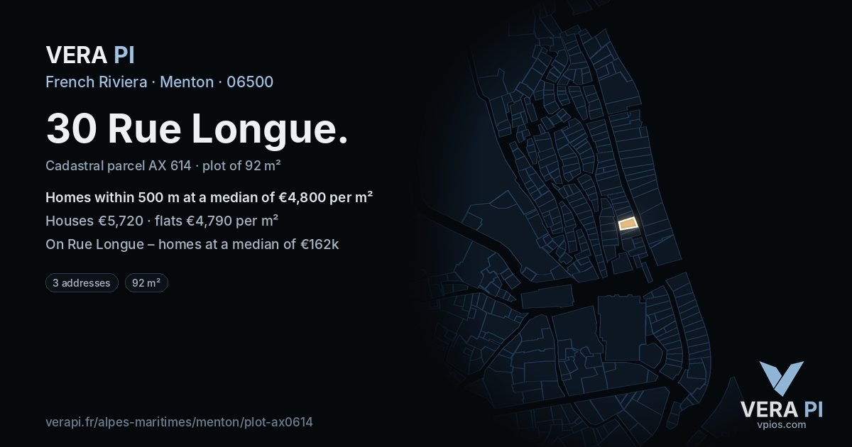 30 Rue Longue, Menton at night – the plot lit, the parcels around coloured by the prices near them