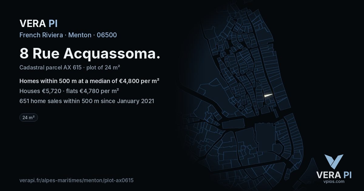 8 Rue Acquassoma, Menton at night – the plot lit, the parcels around coloured by the prices near them