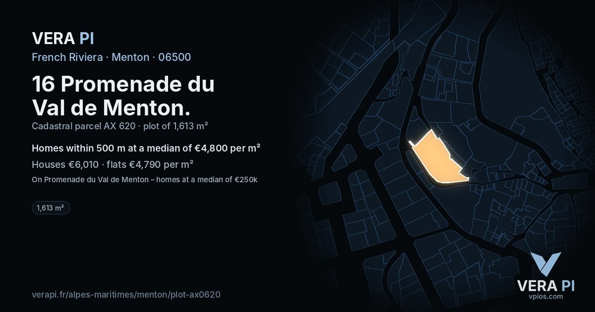 16 Promenade du Val de Menton, Menton at night – the plot lit, the parcels around coloured by the prices near them