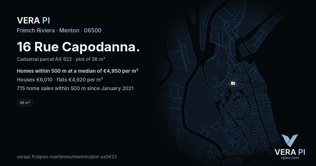 16 Rue Capodanna, Menton at night – the plot lit, the parcels around coloured by the prices near them