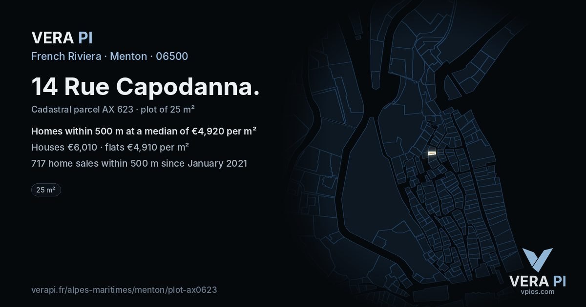 14 Rue Capodanna, Menton at night – the plot lit, the parcels around coloured by the prices near them