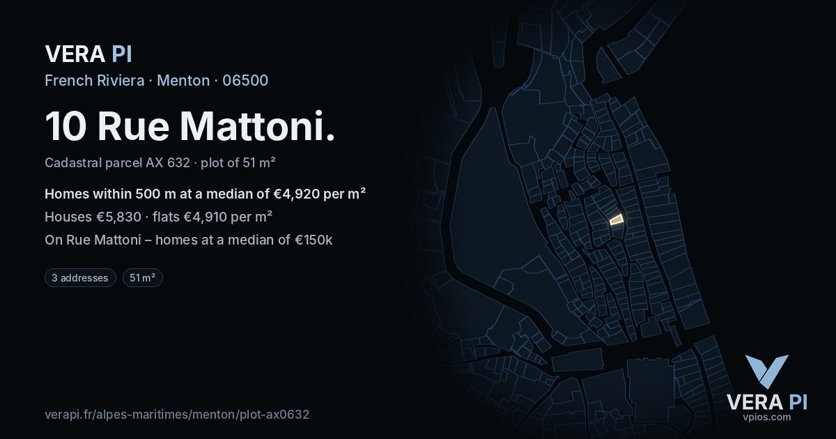10 Rue Mattoni, Menton at night – the plot lit, the parcels around coloured by the prices near them