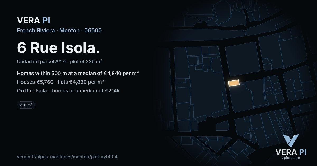6 Rue Isola, Menton at night – the plot lit, the parcels around coloured by the prices near them