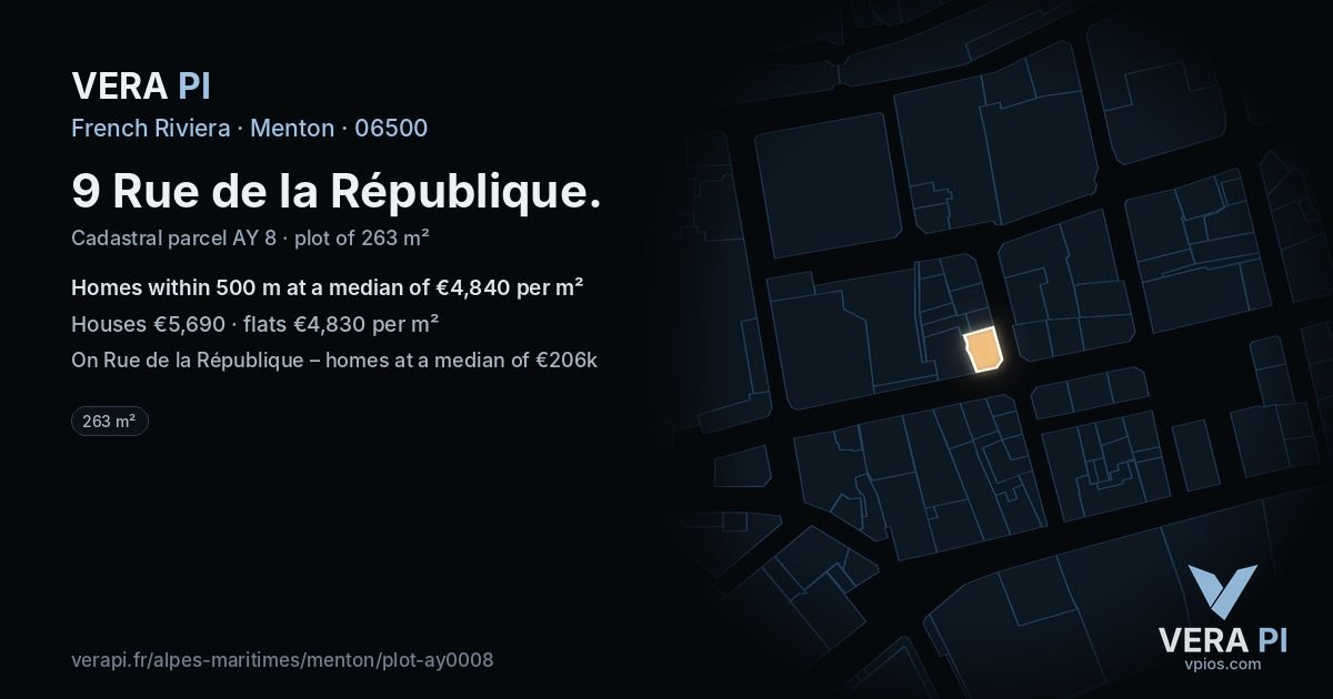 9 Rue de la République, Menton at night – the plot lit, the parcels around coloured by the prices near them