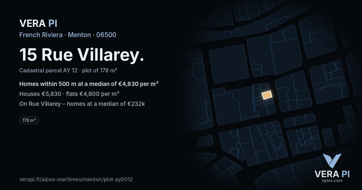15 Rue Villarey, Menton at night – the plot lit, the parcels around coloured by the prices near them