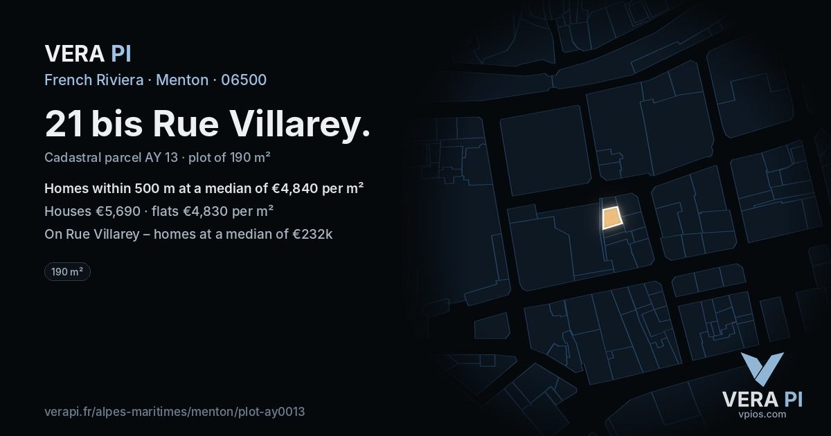 21 bis Rue Villarey, Menton at night – the plot lit, the parcels around coloured by the prices near them