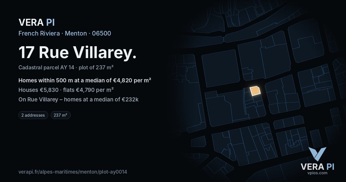 17 Rue Villarey, Menton at night – the plot lit, the parcels around coloured by the prices near them