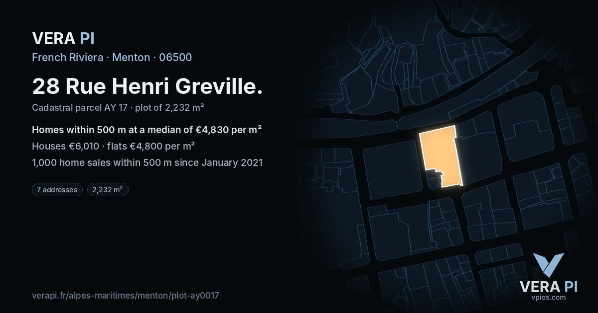 28 Rue Henri Greville, Menton at night – the plot lit, the parcels around coloured by the prices near them