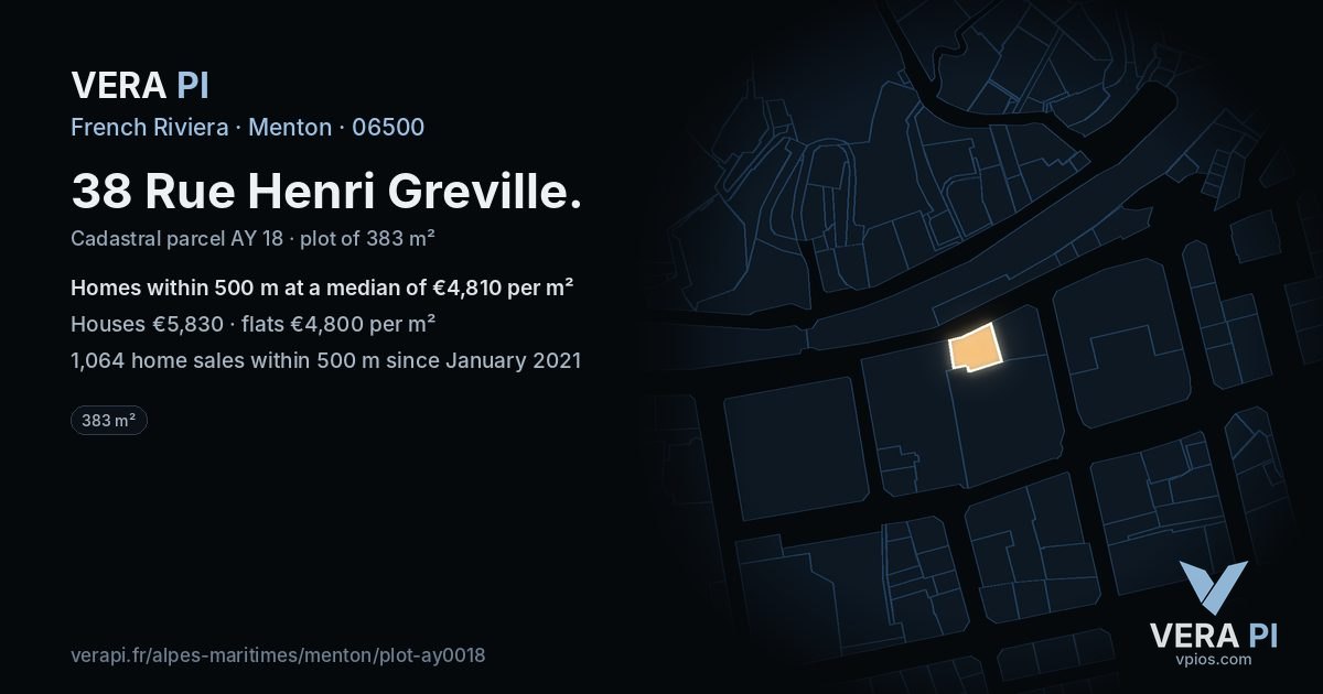38 Rue Henri Greville, Menton at night – the plot lit, the parcels around coloured by the prices near them