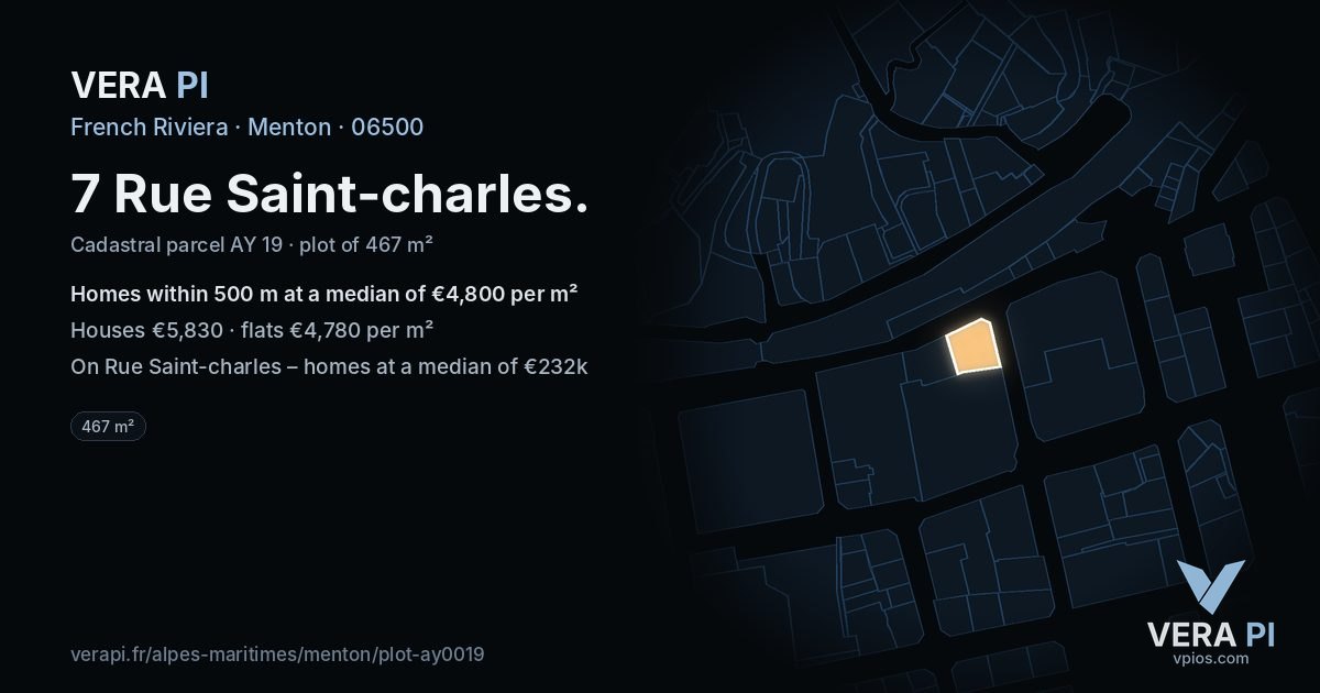 7 Rue Saint-charles, Menton at night – the plot lit, the parcels around coloured by the prices near them