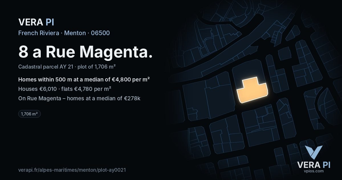 8 a Rue Magenta, Menton at night – the plot lit, the parcels around coloured by the prices near them