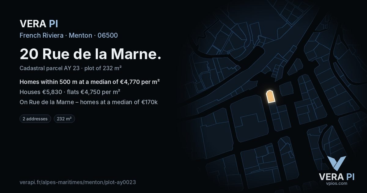 20 Rue de la Marne, Menton at night – the plot lit, the parcels around coloured by the prices near them