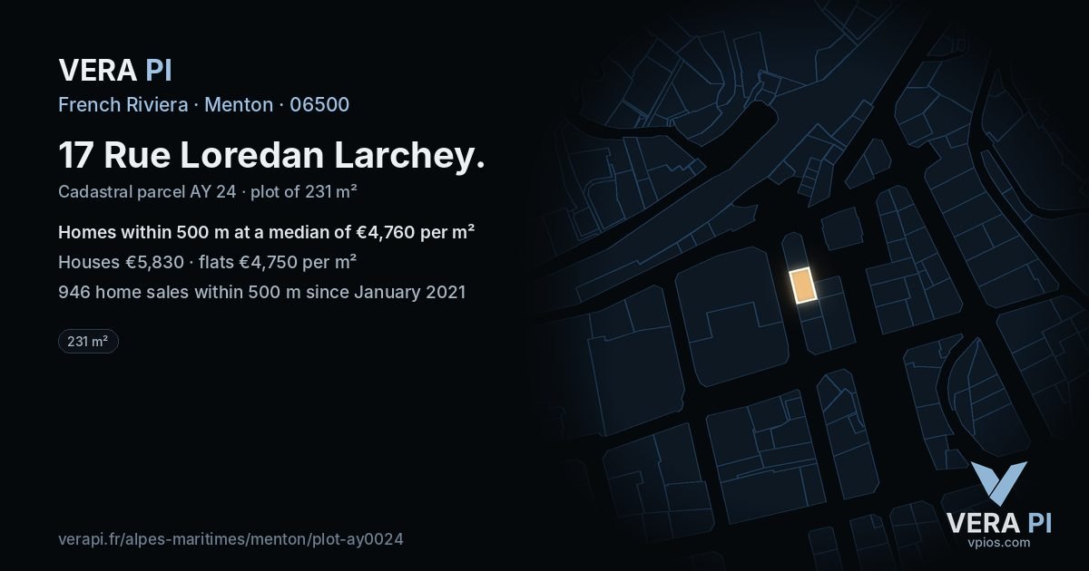 17 Rue Loredan Larchey, Menton at night – the plot lit, the parcels around coloured by the prices near them