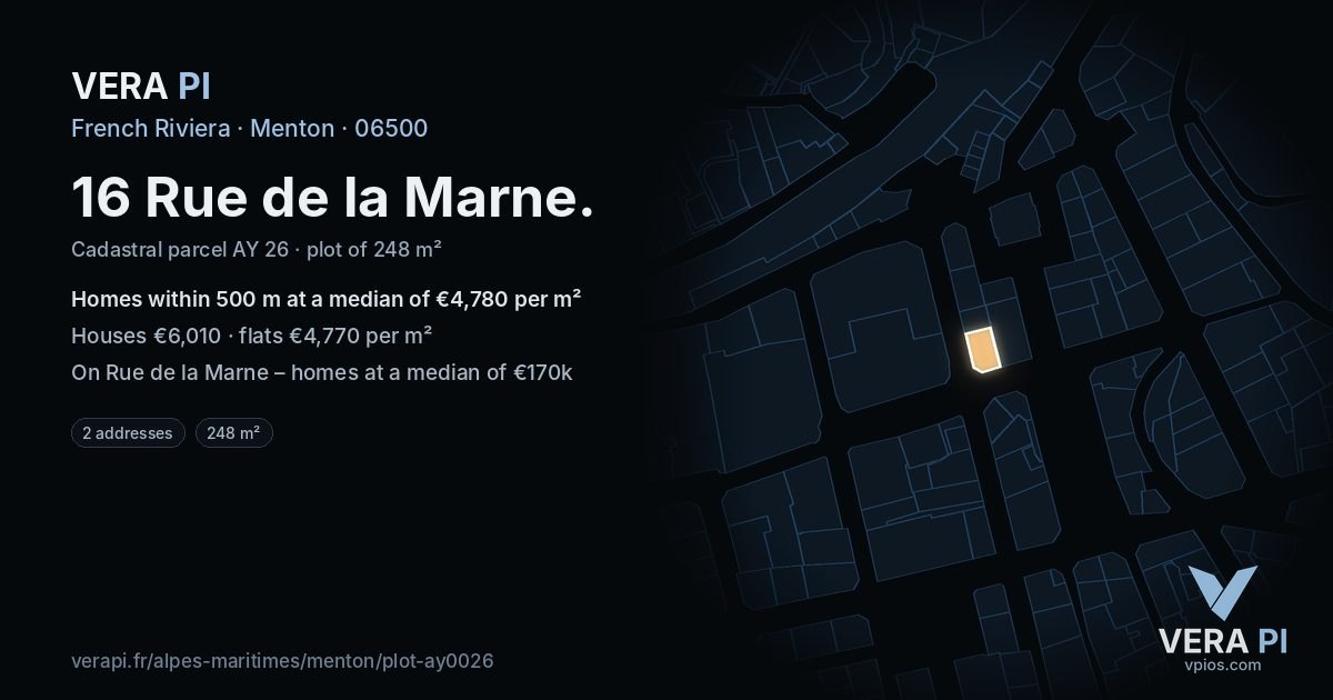 16 Rue de la Marne, Menton at night – the plot lit, the parcels around coloured by the prices near them