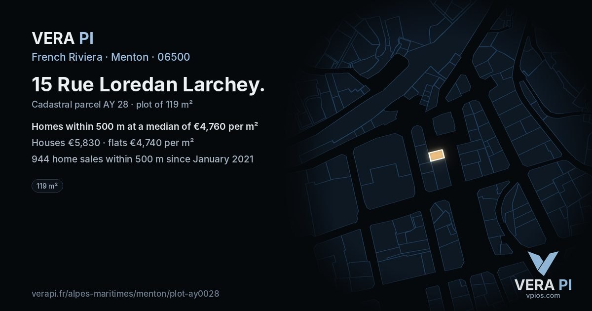 15 Rue Loredan Larchey, Menton at night – the plot lit, the parcels around coloured by the prices near them