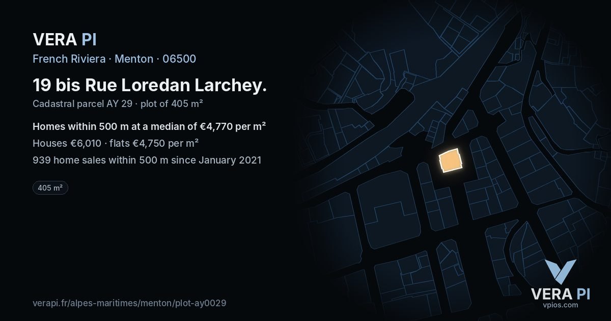 19 bis Rue Loredan Larchey, Menton at night – the plot lit, the parcels around coloured by the prices near them