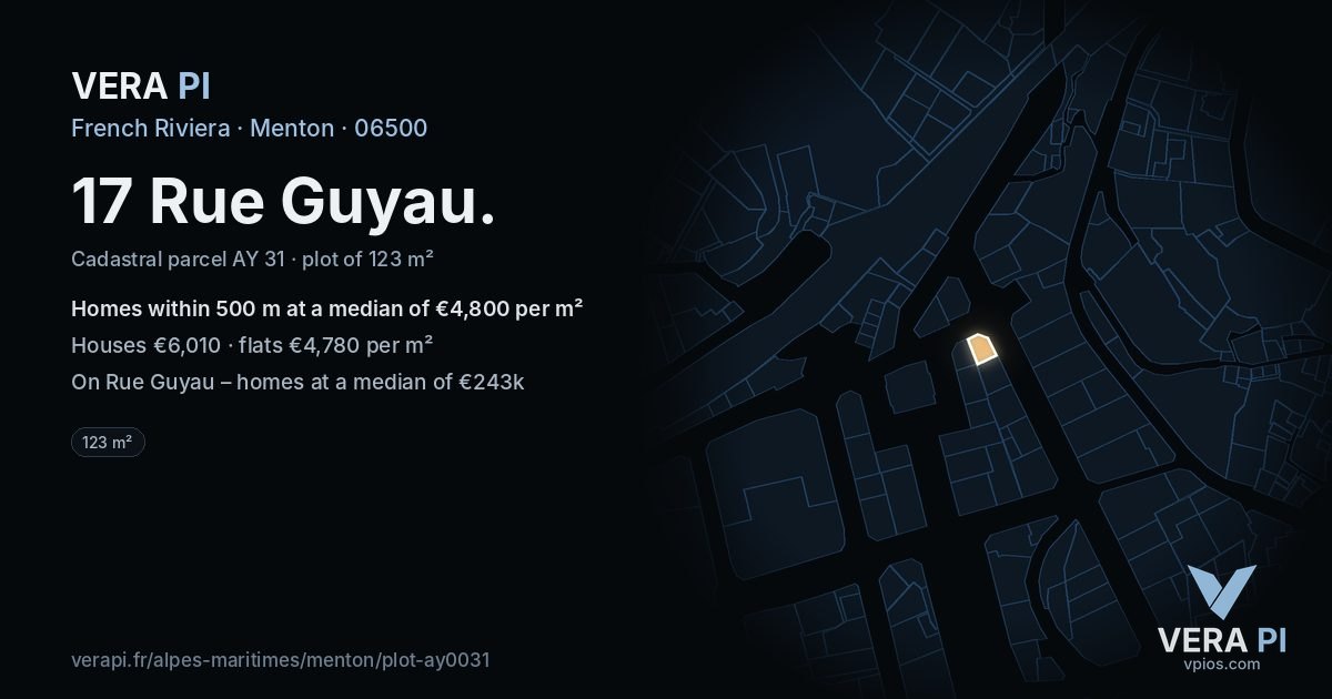17 Rue Guyau, Menton at night – the plot lit, the parcels around coloured by the prices near them