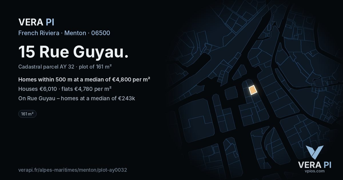 15 Rue Guyau, Menton at night – the plot lit, the parcels around coloured by the prices near them