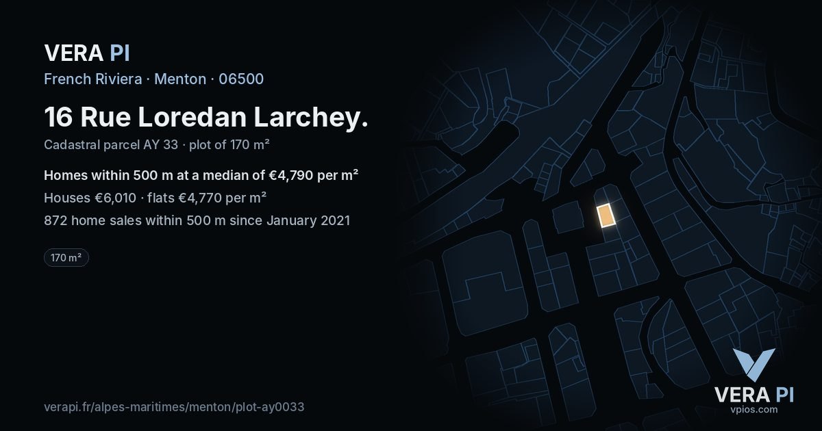 16 Rue Loredan Larchey, Menton at night – the plot lit, the parcels around coloured by the prices near them