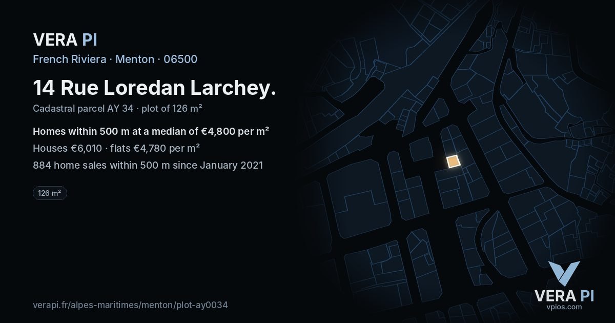 14 Rue Loredan Larchey, Menton at night – the plot lit, the parcels around coloured by the prices near them