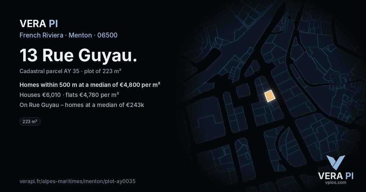 13 Rue Guyau, Menton at night – the plot lit, the parcels around coloured by the prices near them