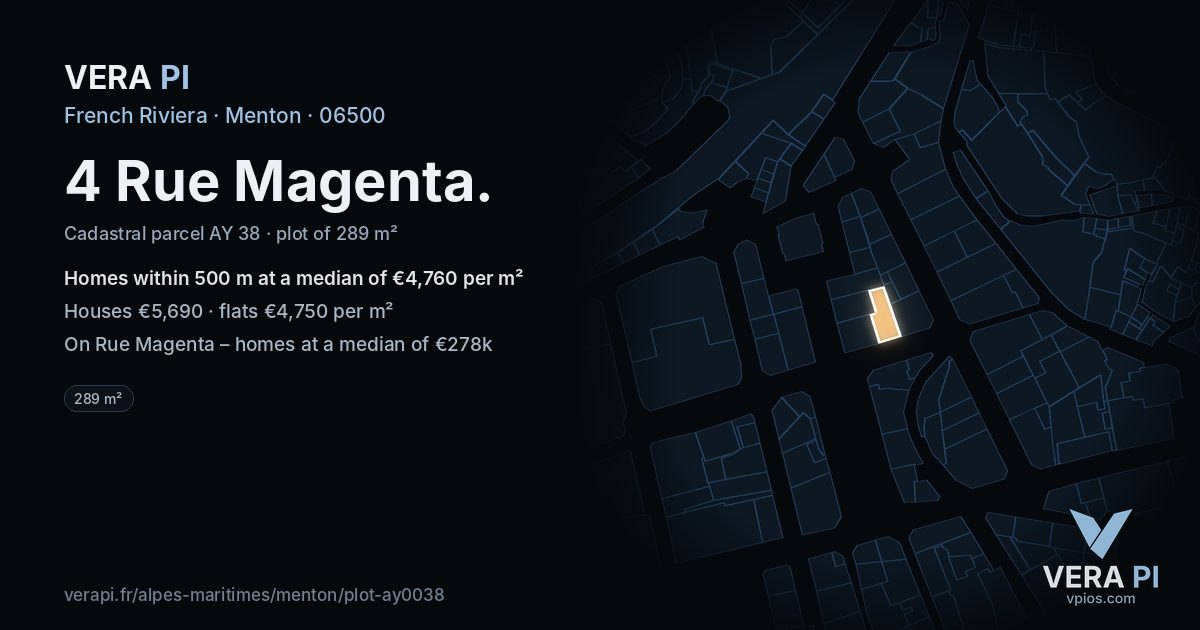 4 Rue Magenta, Menton at night – the plot lit, the parcels around coloured by the prices near them