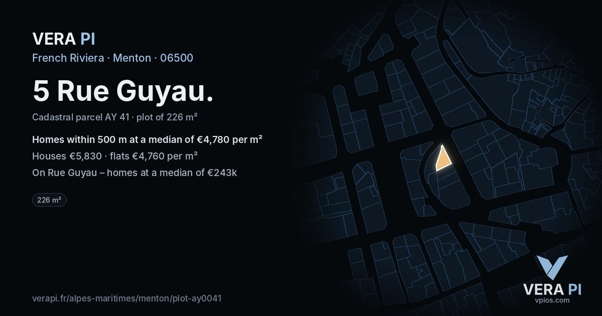 5 Rue Guyau, Menton at night – the plot lit, the parcels around coloured by the prices near them