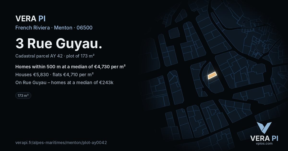 3 Rue Guyau, Menton at night – the plot lit, the parcels around coloured by the prices near them